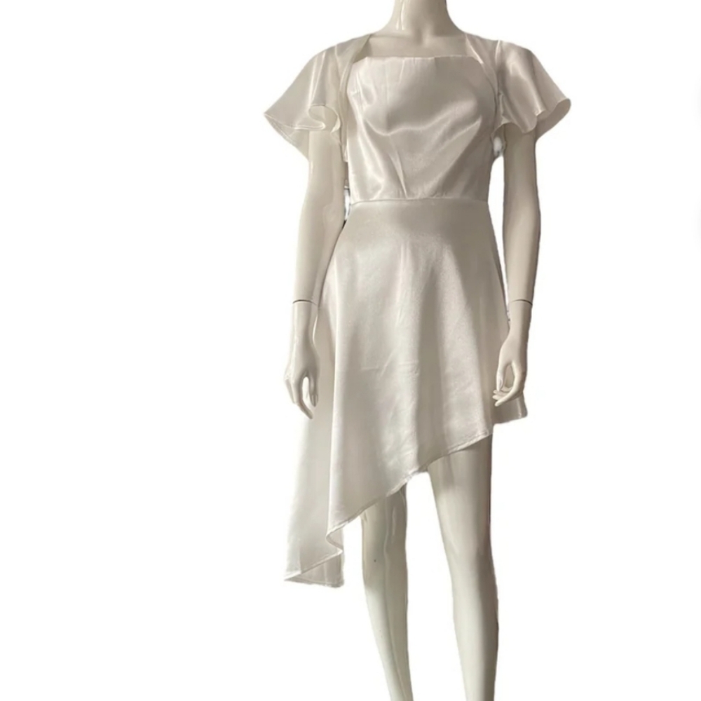 MorrisDay White Satin mini dress with flutter sleeves and assymetrical hem S